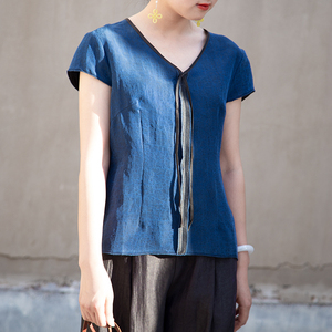 显瘦素色真丝香云纱上衣 桑蚕丝薯莨绸短袖女t恤 龟裂纹新v领小衫