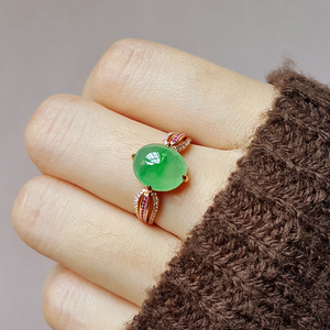 天然冰种飘绿翡翠戒指18k玫瑰金镶嵌钻石a货缅甸祼石戒面蛋面戒指