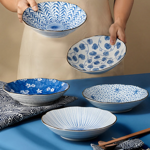 美浓烧日本进口装菜盘子家用日式釉下彩盘 8英寸早餐圆盘陶瓷餐具