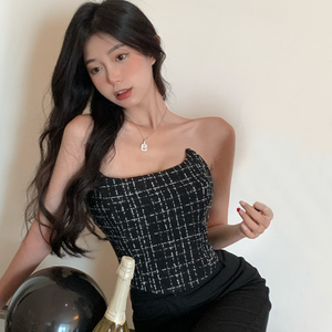 小香风格子抹胸上衣女内搭外穿甜辣chic气质性感纯欲锁骨短款裹胸