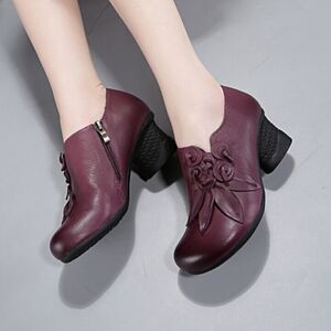 纤纤佳人女鞋7021 民族风真皮女单鞋粗跟圆头全牛皮女鞋 里外真皮