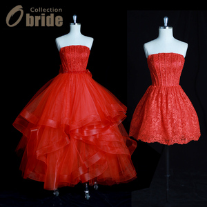 Obride红色婚纱礼服两穿可拆卸拖尾短款小个子敬酒服出门纱轻婚纱
