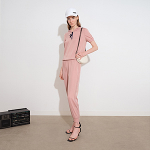 诗篇女装2021夏季新款运动粉色短袖卫衣休闲裤两件套装6j51270110