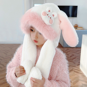 耳朵会动可爱兔耳朵儿童帽子围巾一体冬季女孩毛绒护耳保暖雷锋帽
