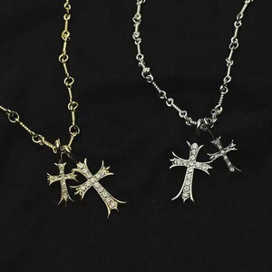 欧美克罗心时尚镶钻双十字架吊坠项链男女简约锁骨链情侣街头饰品