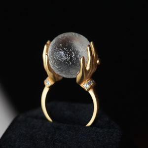 Shaw小众设计S925银复古陨石星球手工水晶球个性戒指礼物食指戒女