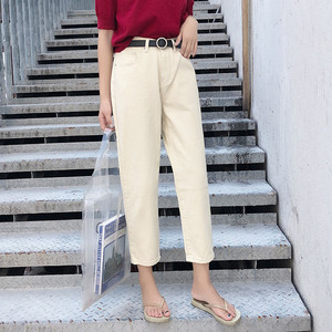杏色牛仔裤女直筒原宿风白色阔腿高腰宽松学生米色bf裤子韩版百搭