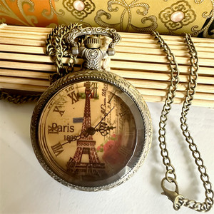 茶色玻璃复古翻盖巴黎埃菲尔铁塔怀表男女朋友学生礼物手表兼批零