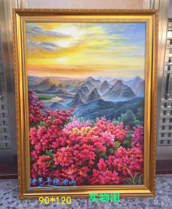 纯手绘旭日东升风景油画花卉牡丹花走廊挂画背有靠山步步高升促销