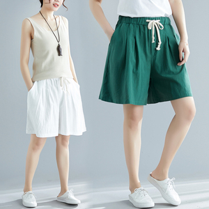 棉麻短裤女夏2021新款文艺宽松大码显瘦阔腿裤松紧腰休闲亚麻热裤