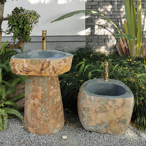 青石洗手台盆一体庭院花园石头立柱盆户外水池原石艺术洗脸盆复古