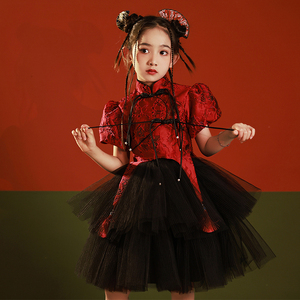 红色女童礼服走秀中国风高端公主裙旗袍儿童生日宴中式国潮演出服