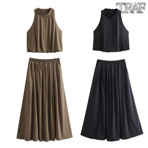 TRAF 欧美风外贸女装新款时尚无袖蓬蓬上衣半身裙套装4437247