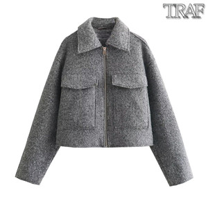 TRAF 欧美风外贸女装新款时尚休闲宽松珠皮呢短款夹克外套