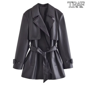 TRAF 欧美风外贸女装新款时尚休闲系腰带仿皮短风衣3046265