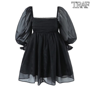 TRAF 欧美风新款外贸女装黑色拼接花边三层欧根纱泡芙连衣裙
