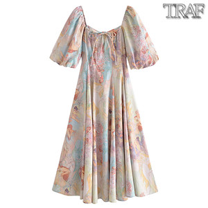 TRAF 欧美风新款外贸女装时尚气质方领泡泡袖大裙摆印花长裙