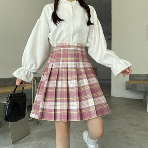 格子半身裙中长款女大码百褶裙高腰a字显瘦学生jk格裙制服裙胖mm