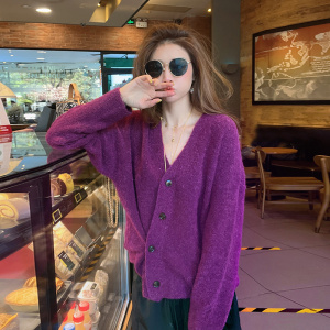 紫色毛衣开衫外套女设计感小众2022春季新款港味复古短款针织上衣