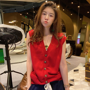 新年款红色针织马甲背心女秋冬季外穿毛衣2022年新款网红v领马夹