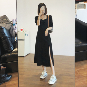 黑色连衣裙女夏季2024新款方领开叉小黑裙高级感显瘦气质法式裙子