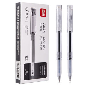 得力文具A524加强型拔盖款全针管中性笔透明笔壳黑笔五支/盒0.5mm