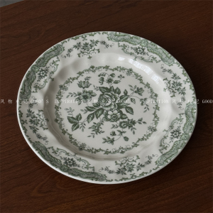 出口外贸 釉中彩法式中古风玫瑰花园陶瓷餐盘子 西餐盘复古绿色
