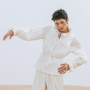 沐白 法式褶皱棉麻复古宫廷风拆卸拉夫领白衬衫 山谷少年原创男装