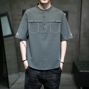 中国风棉麻短袖t恤夏季薄款男士圆领纯色半袖打底衫潮牌体恤上衣