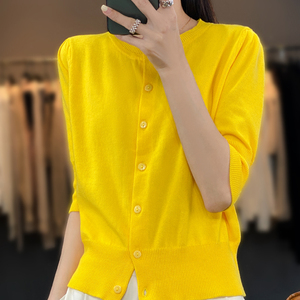 精梳纯棉开衫针织外套女透气短袖黄色棉麻防晒空调衫全棉外搭上衣