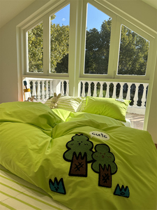 荧光绿小树毛巾绣床上纯棉四件套1.5m1.8公寓全棉床单被套三件套