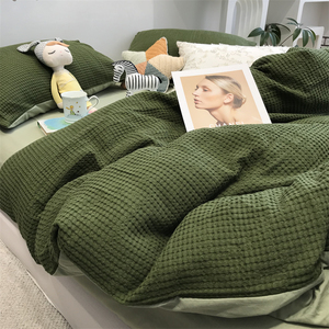 ins华夫格墨绿色床上四件套全棉纯棉1.5m米被套床单公寓三件套
