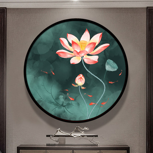 新中式荷花九鲤鱼风水招财墙画过道挂画莲花图玄关装饰画圆形壁画