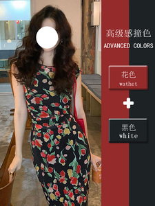新中式印花连衣裙女夏国风气质设计感小众赫本风黑色修身显瘦长裙
