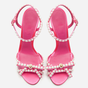 定制2023夏季新粉色蝴蝶结珍珠细跟搭扣高跟凉鞋一字带甜美女凉鞋