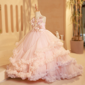 女童礼服粉色轻奢高端拖尾生日公主裙儿童主持人走秀钢琴演出长裙