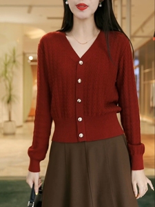 三桔红色针织衫女士毛衣外搭2024秋冬新款开衫宽松高腰小外搭上衣