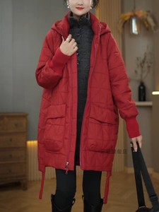 2024秋冬装新款长袖棉衣女士韩版宽松休闲拼接中长款红色棉服外套