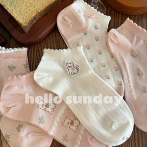 可爱猫咪袜子女夏季薄款纯棉浅口短袜花边少女日系设计感粉色船袜