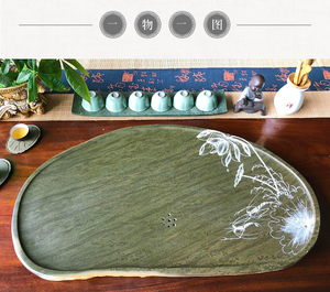 整块绿端石材茶盘中式功夫纯手工雕刻随形荷花茶桌排水式湿泡茶台