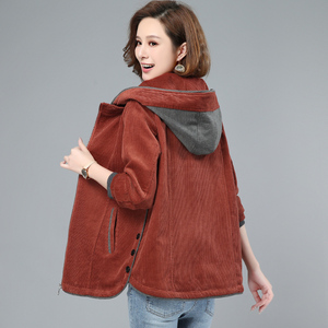 纯棉灯芯绒外套女2021春装新款女士短款夹克春秋条绒上衣中年妈妈