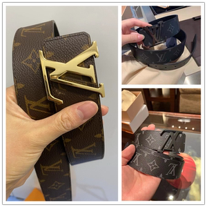 正品lv路易威登经典款皮带老花金扣黑花银扣双面针扣男士休闲腰带