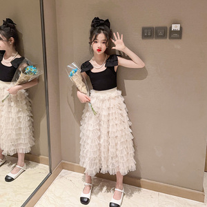 女童蛋糕裙套装儿童半身纱裙中长款短袖法式公主裙两件套韩版洋气