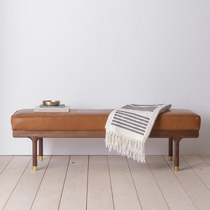 北美黑胡桃木床尾凳北欧长条凳意式轻奢头层牛皮真皮凳子床前边榻