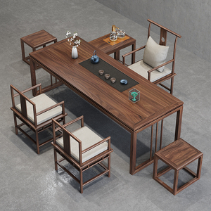 新中式老榆木茶台喝茶桌办公室实木茶桌椅组合一桌五椅原木泡茶桌