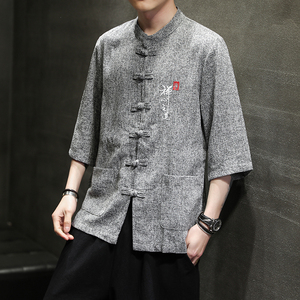 夏季短袖衬衫新中式男装复古中国风刺字唐装汉服有口袋五分袖上衣