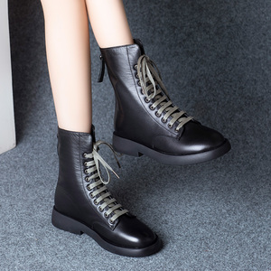 漫步佳人厚底马丁靴女真皮中筒加绒2020秋冬新款平底靴子棉鞋春秋