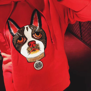 正品代购gucci古奇19秋冬款重工刺绣狗头徽章连帽卫衣斗牛犬上衣