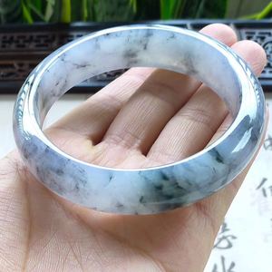 翡翠冰润乌鸡种手镯58mm内径圈口飘黑花玉镯子宽边扁条正品玉手镯