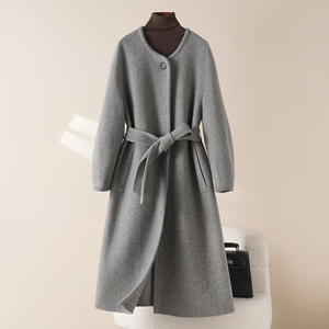 灰色中长款高级感双面羊绒大衣女2023年秋冬新款小香风羊毛外套